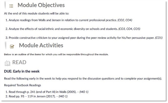 Alignment indicated on all course overview pages for module objectives, activities, content, and assessments
