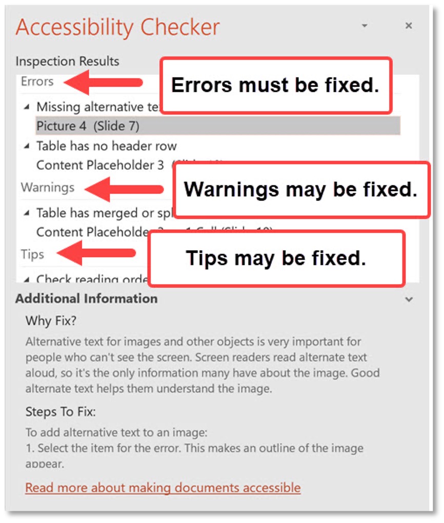 Resolve Errors on the checker. Warnings and Tips are left up to the users descretion.