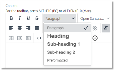 The blackboard styles pane allows users to select headings and subheadings