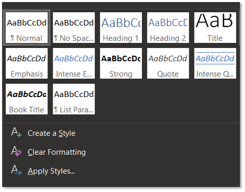 Microsoft Styles pane allows users to select a variety of styles to apply to their documents including headings, titles, and paragraphs