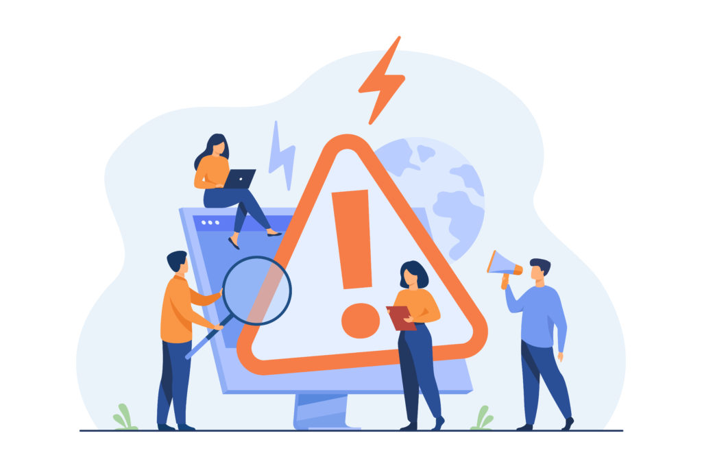 Tiny people examining operating system error warning