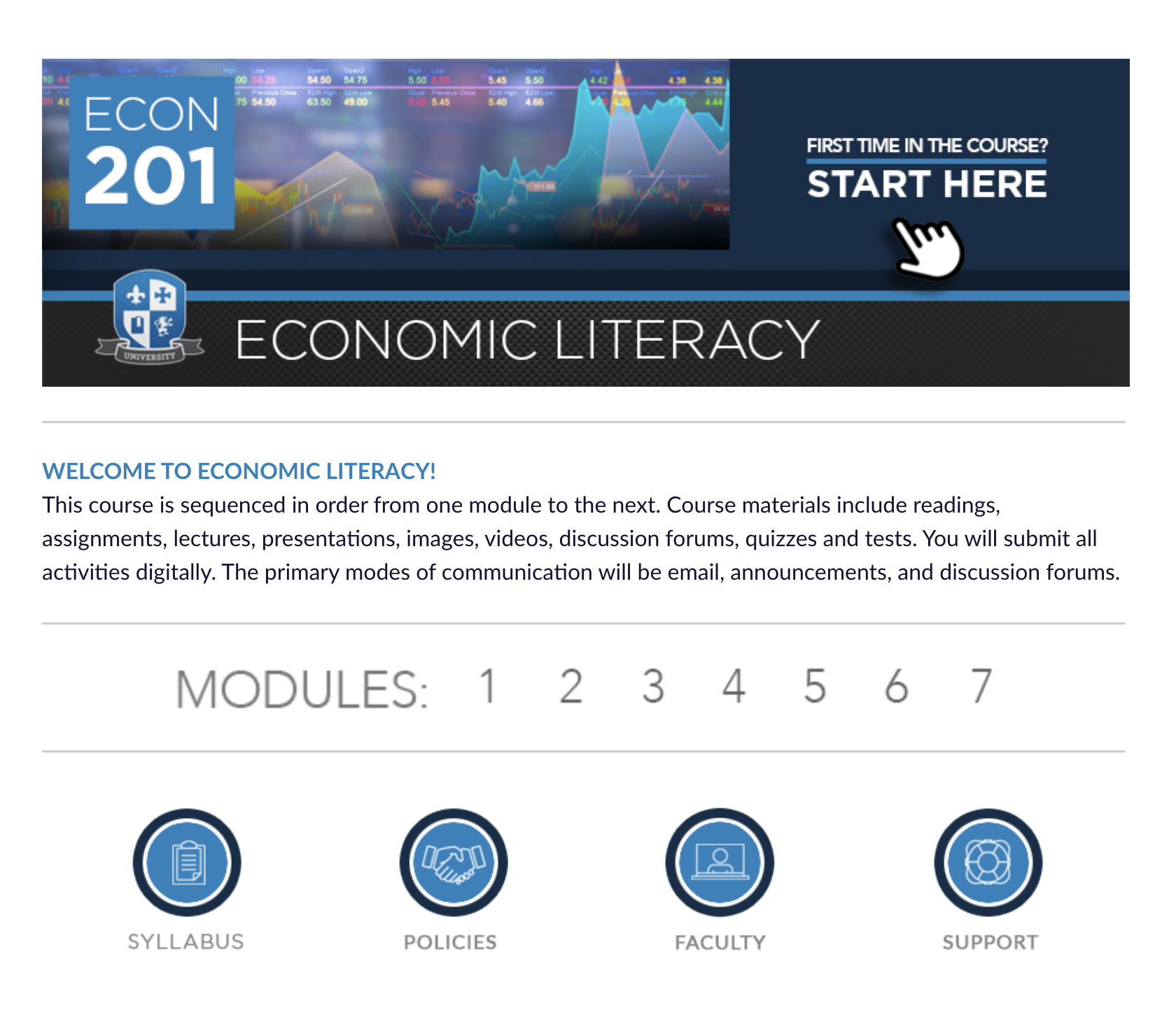 Screenshot of online course homepage