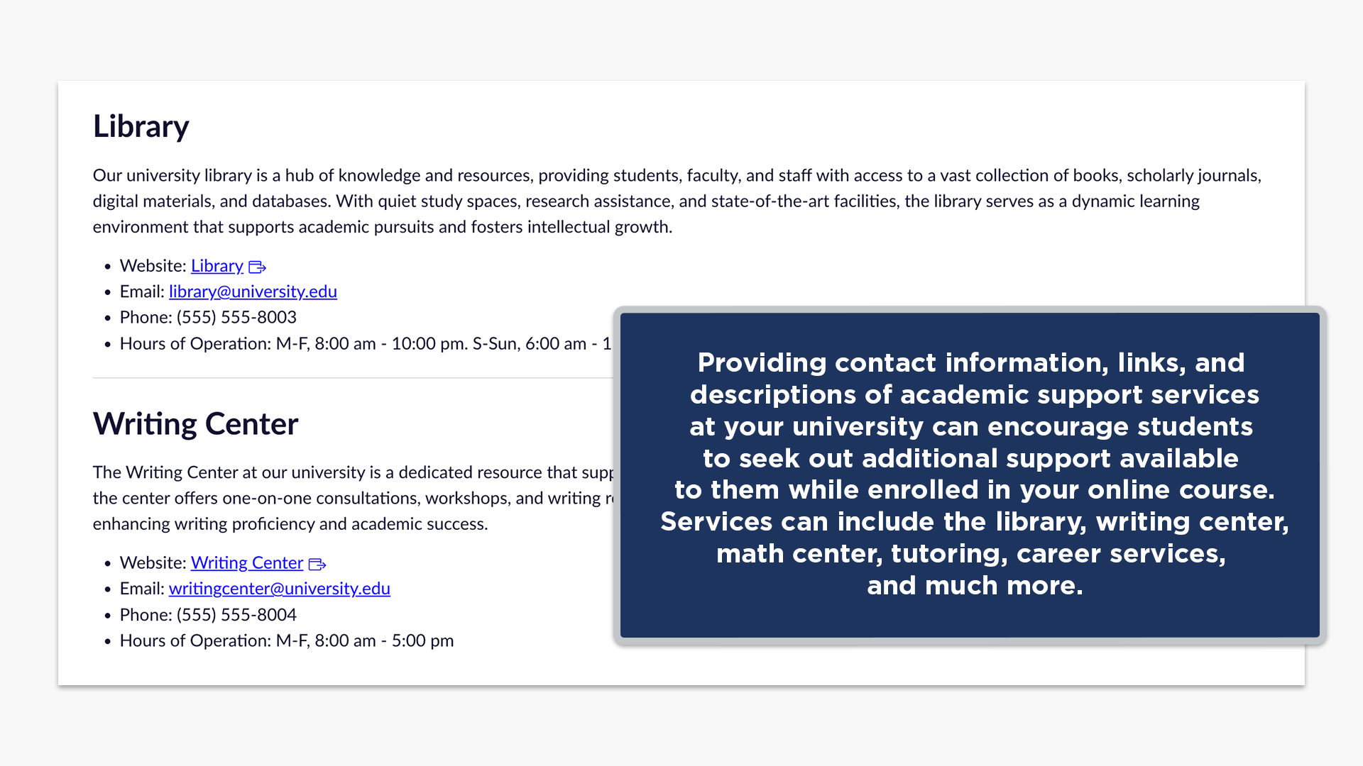 Providing contact information, links, and descriptions of academic support servicesat your university can encourage students to seek out additional support available to them while enrolled in your online course.Services can include the library, writing center,math center, tutoring, career services, and much more.