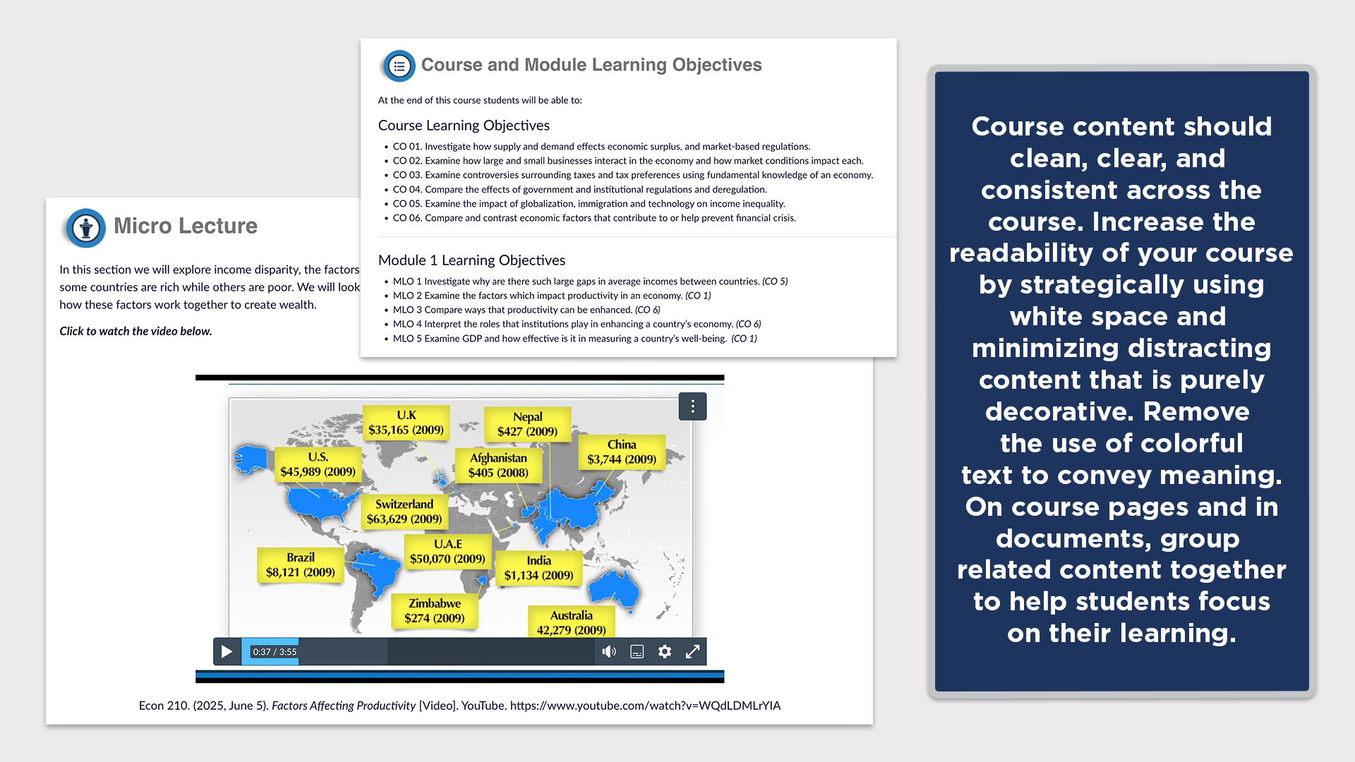 Course content shouldclean, clear, and consistent across thecourse. Increase thereadability of your courseby strategically usingwhite space and minimizing distractingcontent that is purelydecorative. Remove the use of colorfultext to convey meaning. On course pages and in documents, group related content togetherto help students focuson their learning.