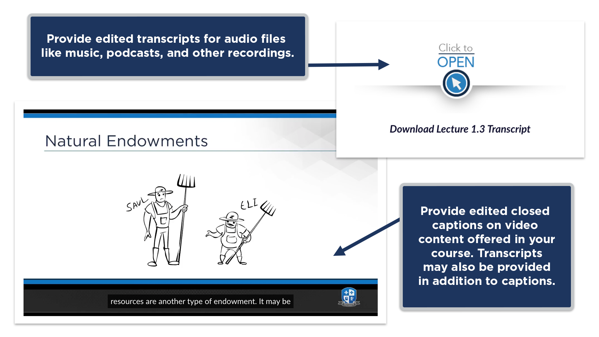 Provide edited transcripts for audio files like music, podcasts, and other recordings. Provide edited closed captions on video content offered in yourcourse. Transcriptsmay also be providedin addition to captions.