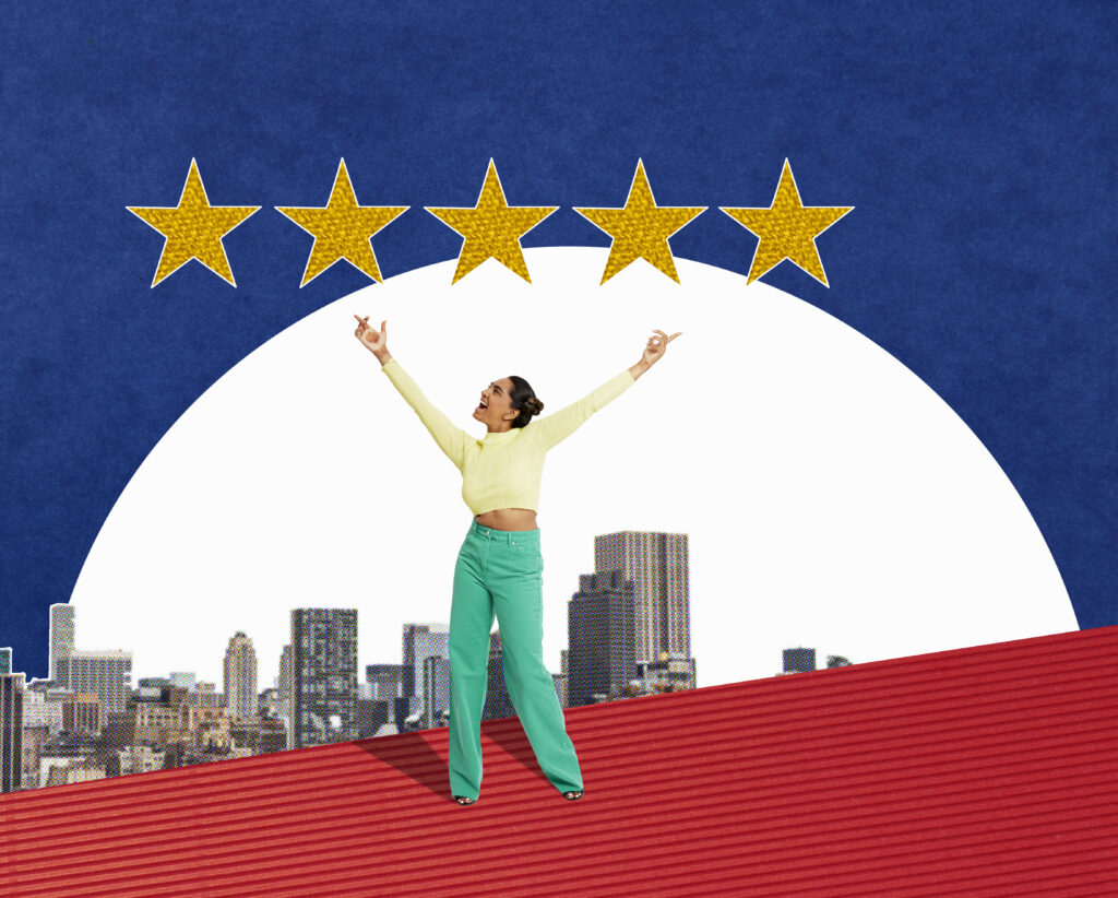 Collage of young woman holding hands in the air looking up to 5 gold stars above a city skyline
