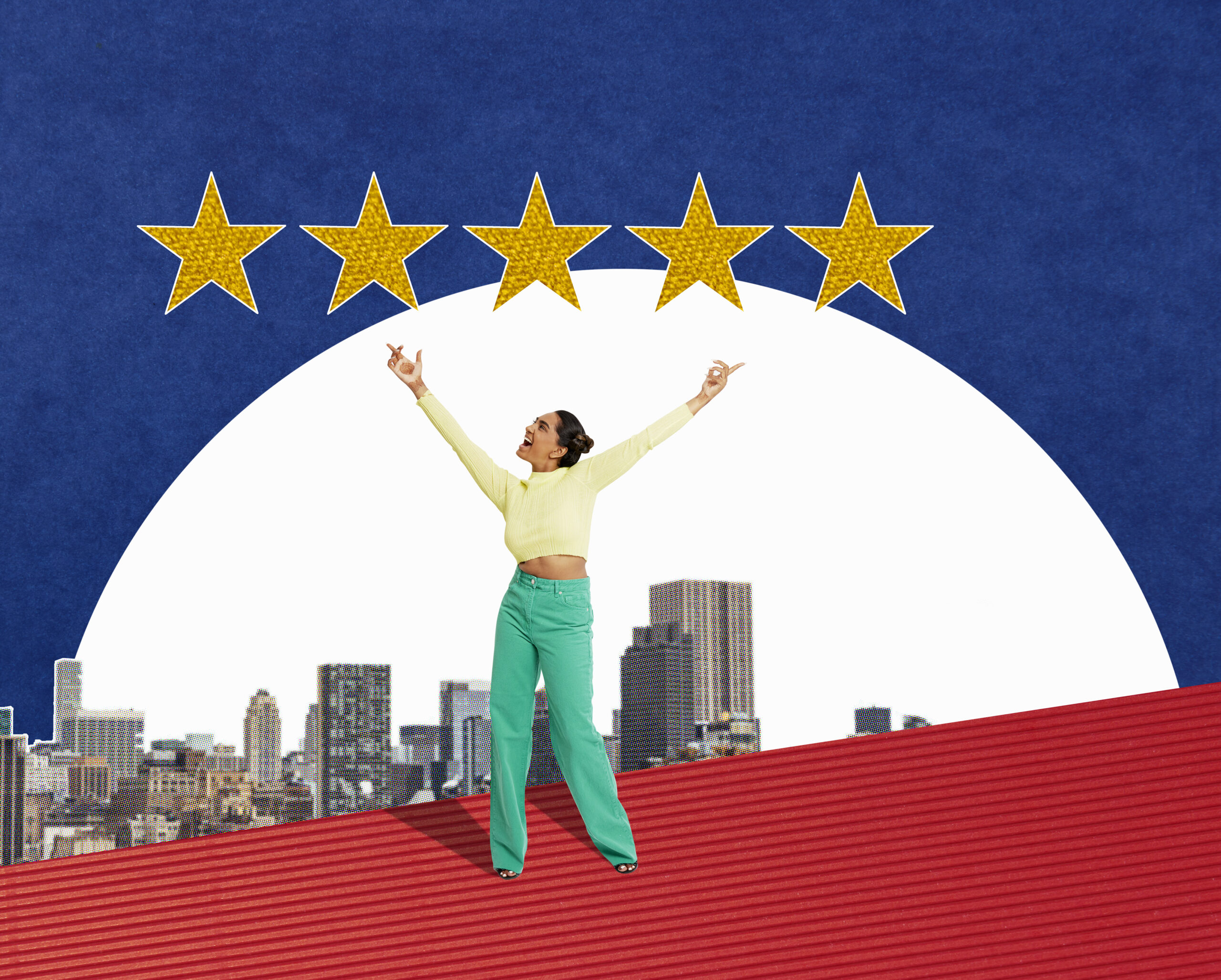 Collage of young woman holding hands in the air looking up to 5 gold stars above a city skyline