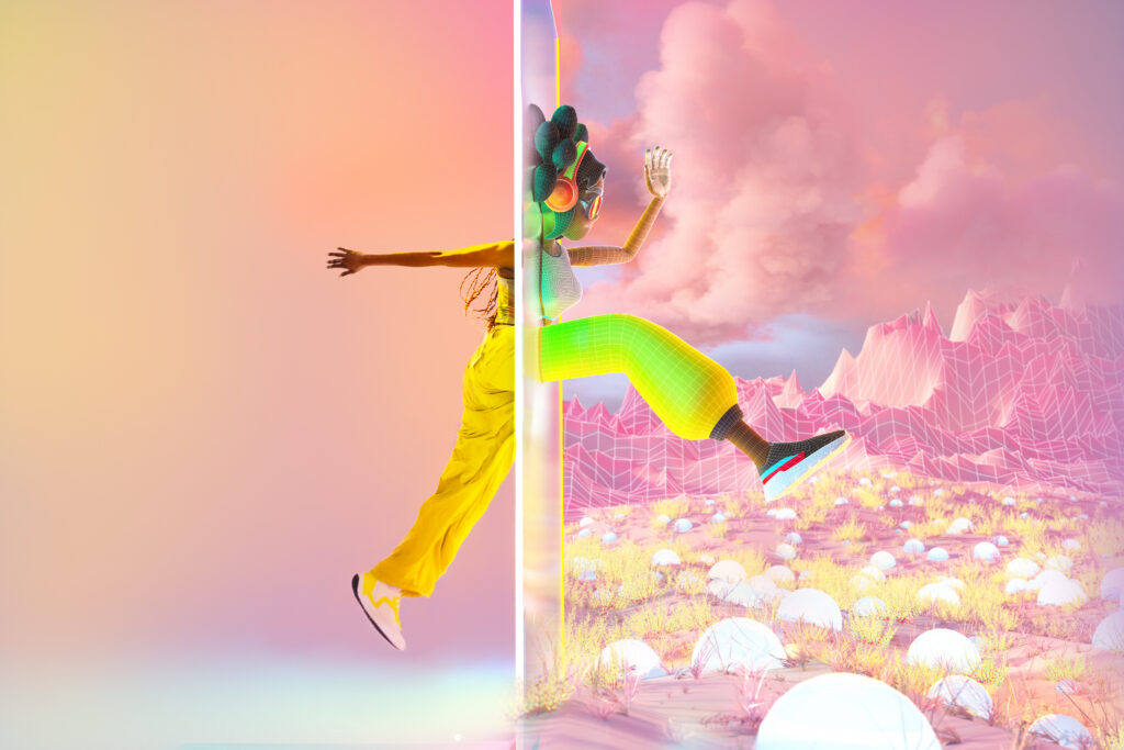 Digital generated image of young woman jumping through portal door and turning into avatar in imaginary world. Metaverse concept.