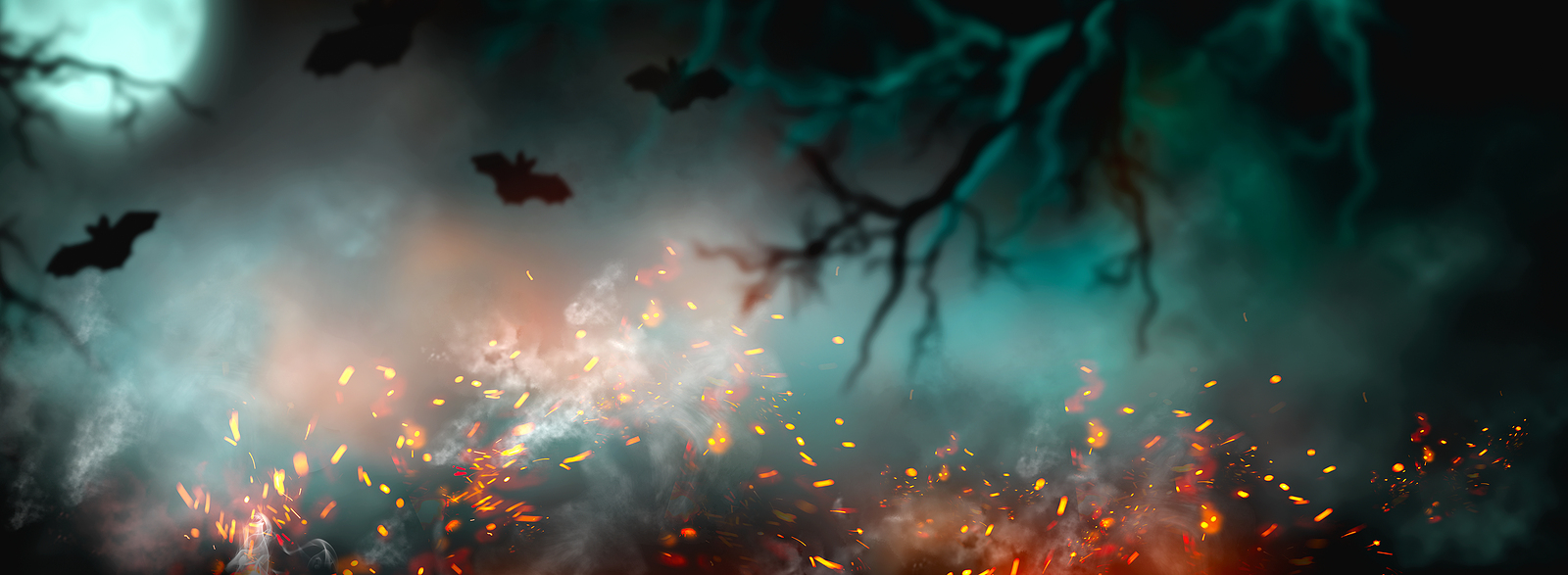 Beautiful dark deep forest backdrop with smoke, fire, vampire bats