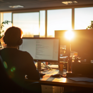 someone sitting at a desk with a computer in front of a window