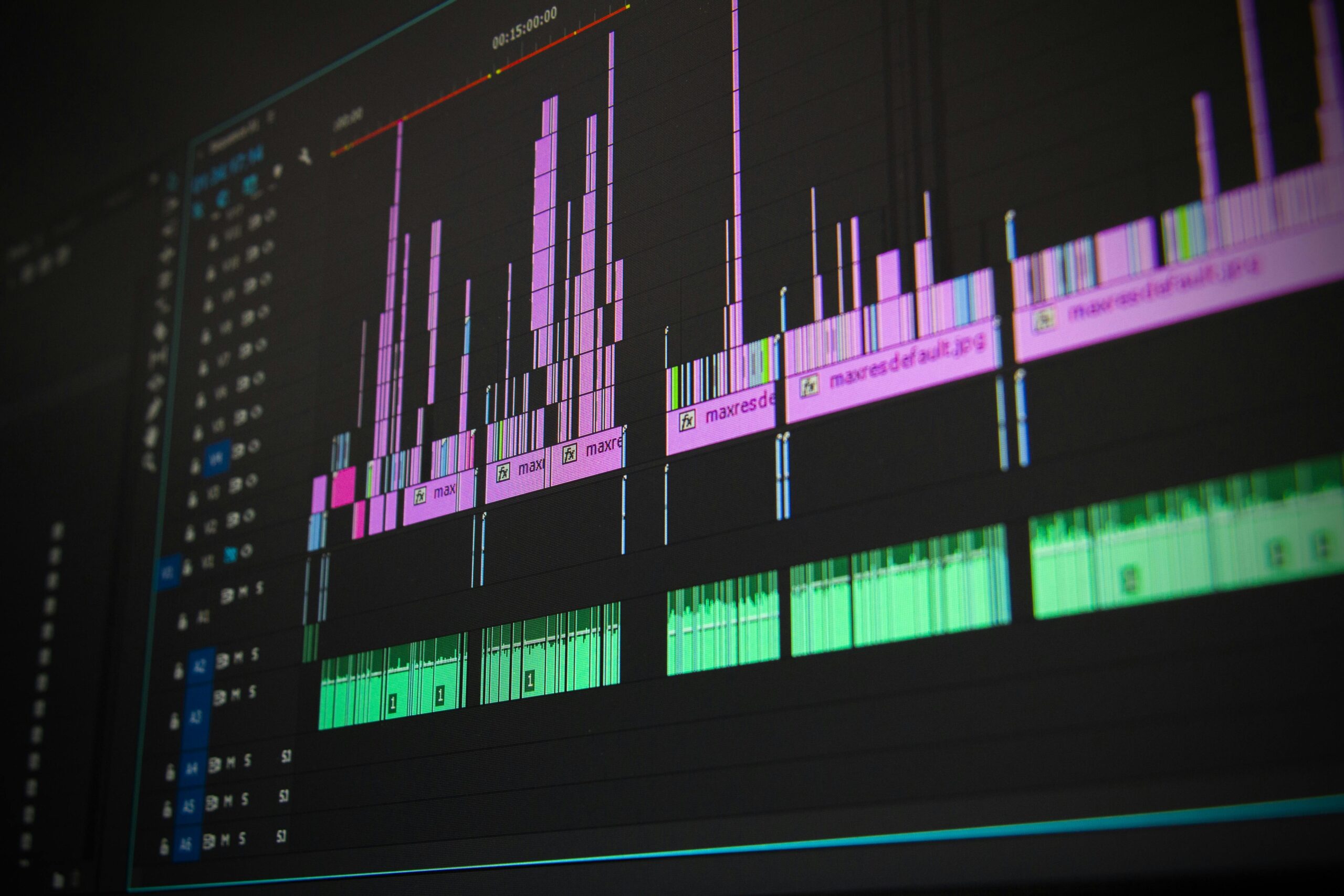 Close-up of a professional audio and video editing software interface with waveform displays.