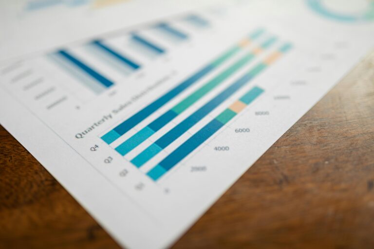 Close-up of a quarterly sales report showing bar charts on paper.