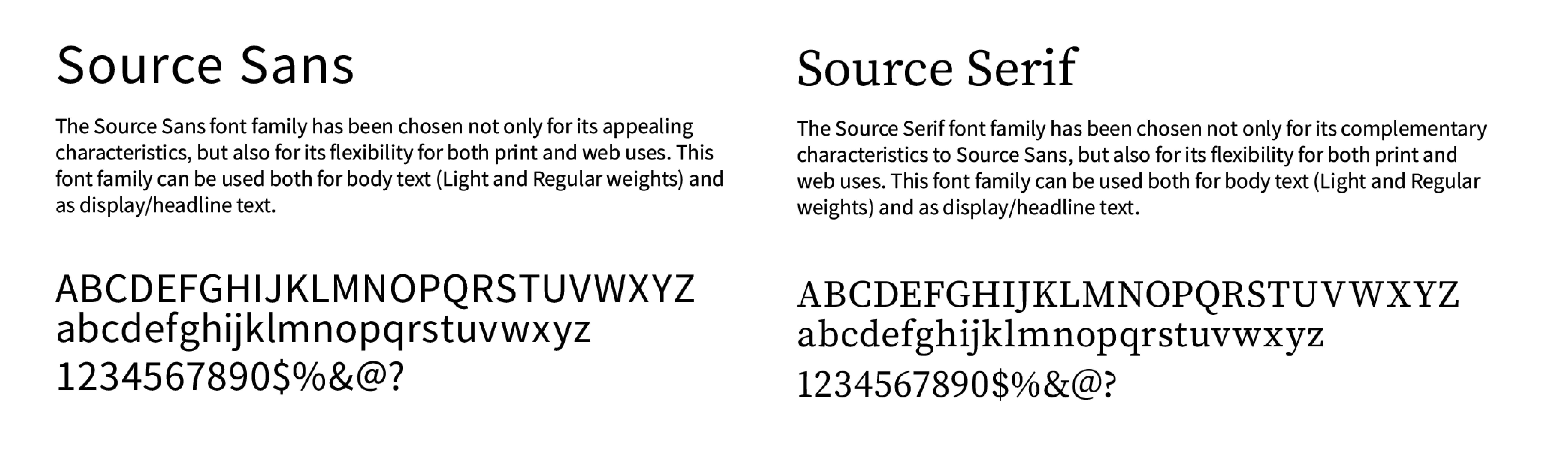 Source Sans The Source Sans font family has been chosen not only for its appealing characteristics, but also for its flexbility for both print and web uses. This font family can be used both for body text (Light and Regular weights) and as display/headline text